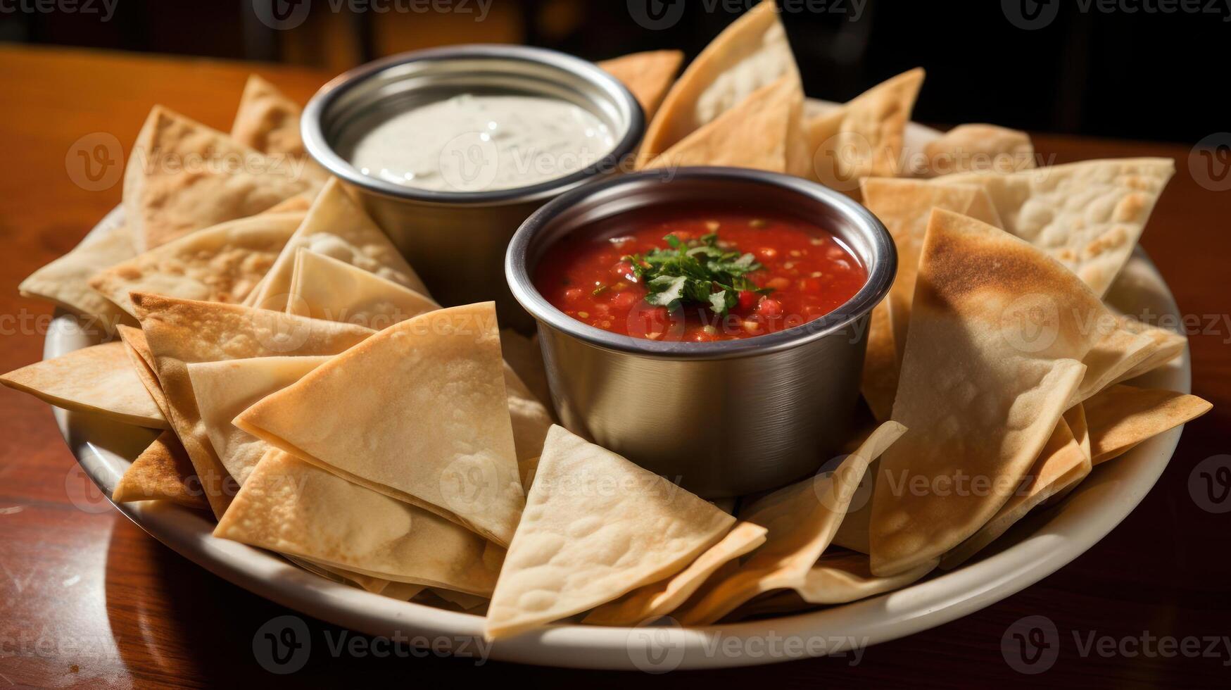 Chips with salsa and dip on a plate. photo