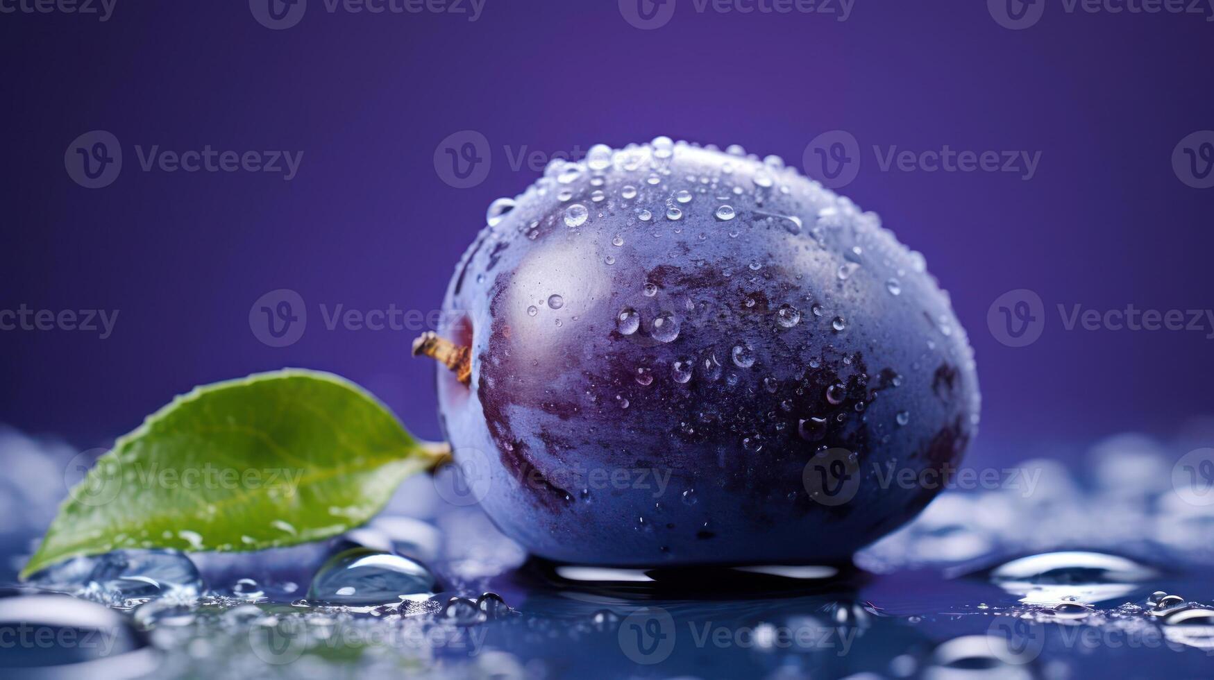 Plum with water droplets and a green leaf. photo