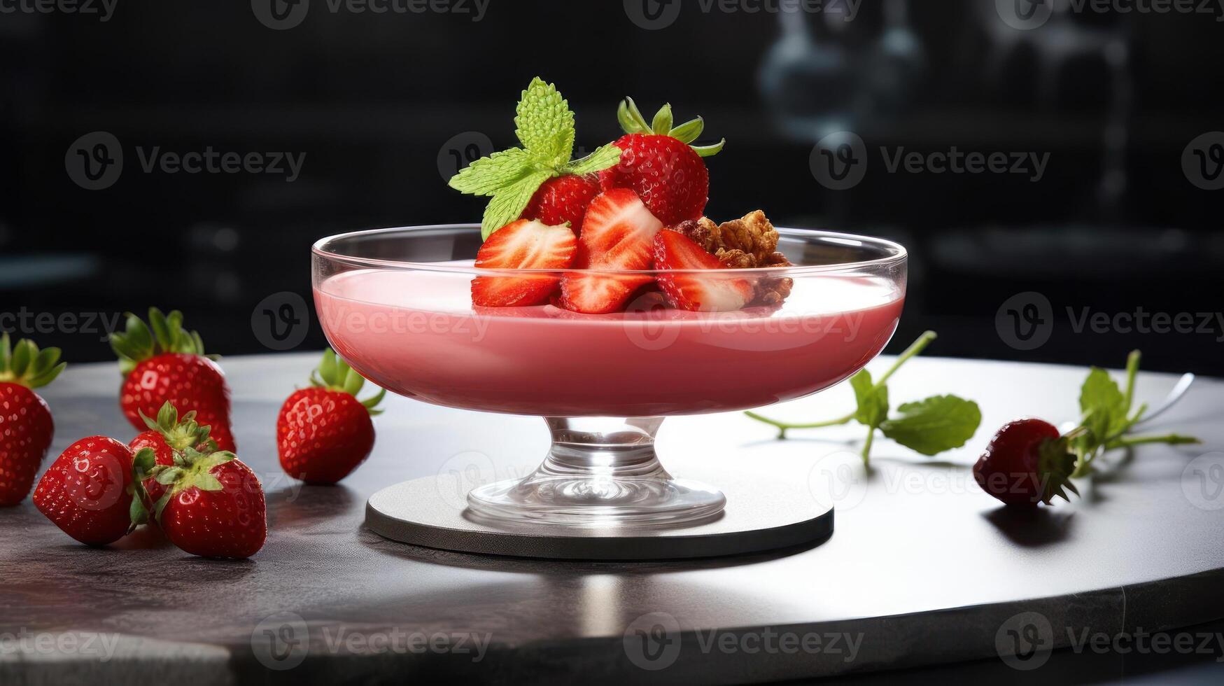Strawberry dessert in a glass bowl with fresh berries. photo
