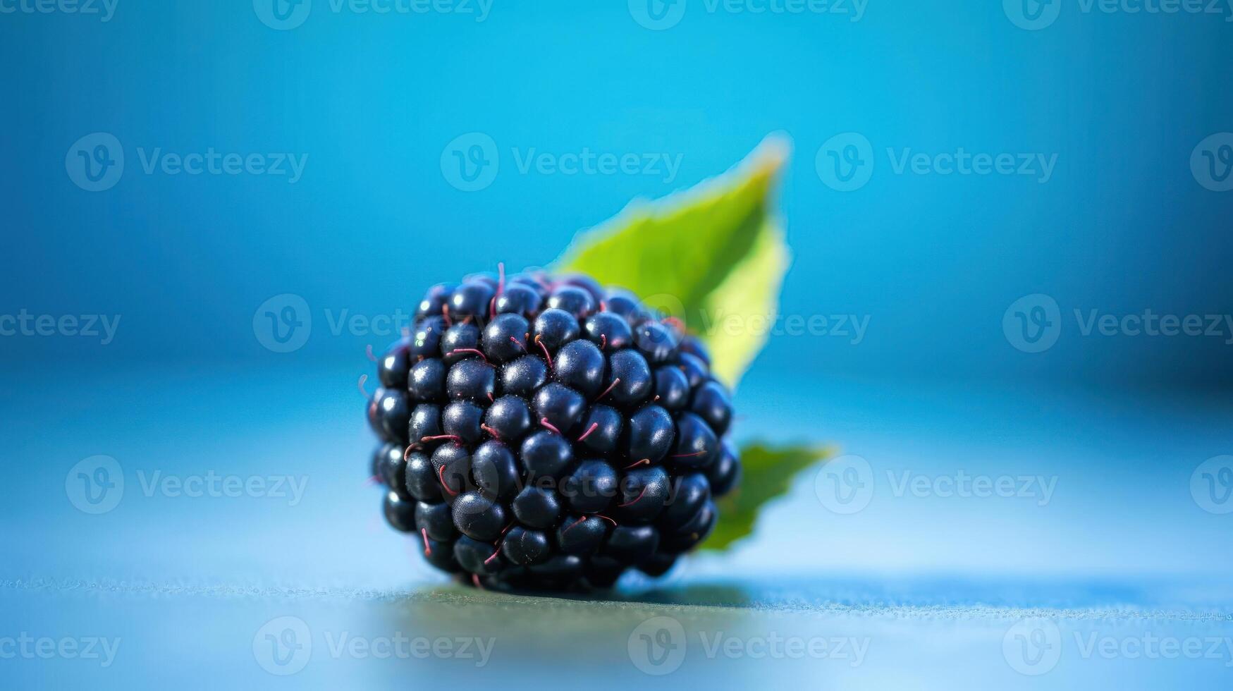 Ripe blackberry with a vibrant green leaf. photo