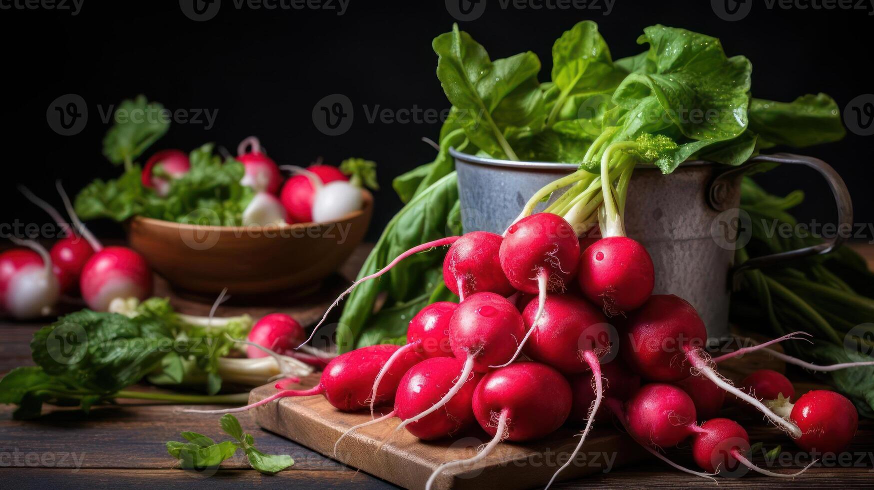 Fresh radishes on a wooden board, vibrant and delicious. photo