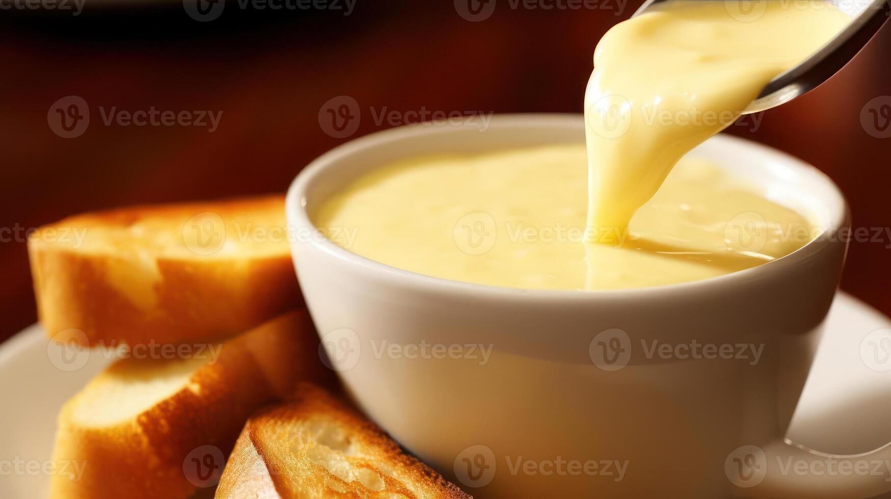 Creamy soup being poured, served with toasted bread. photo