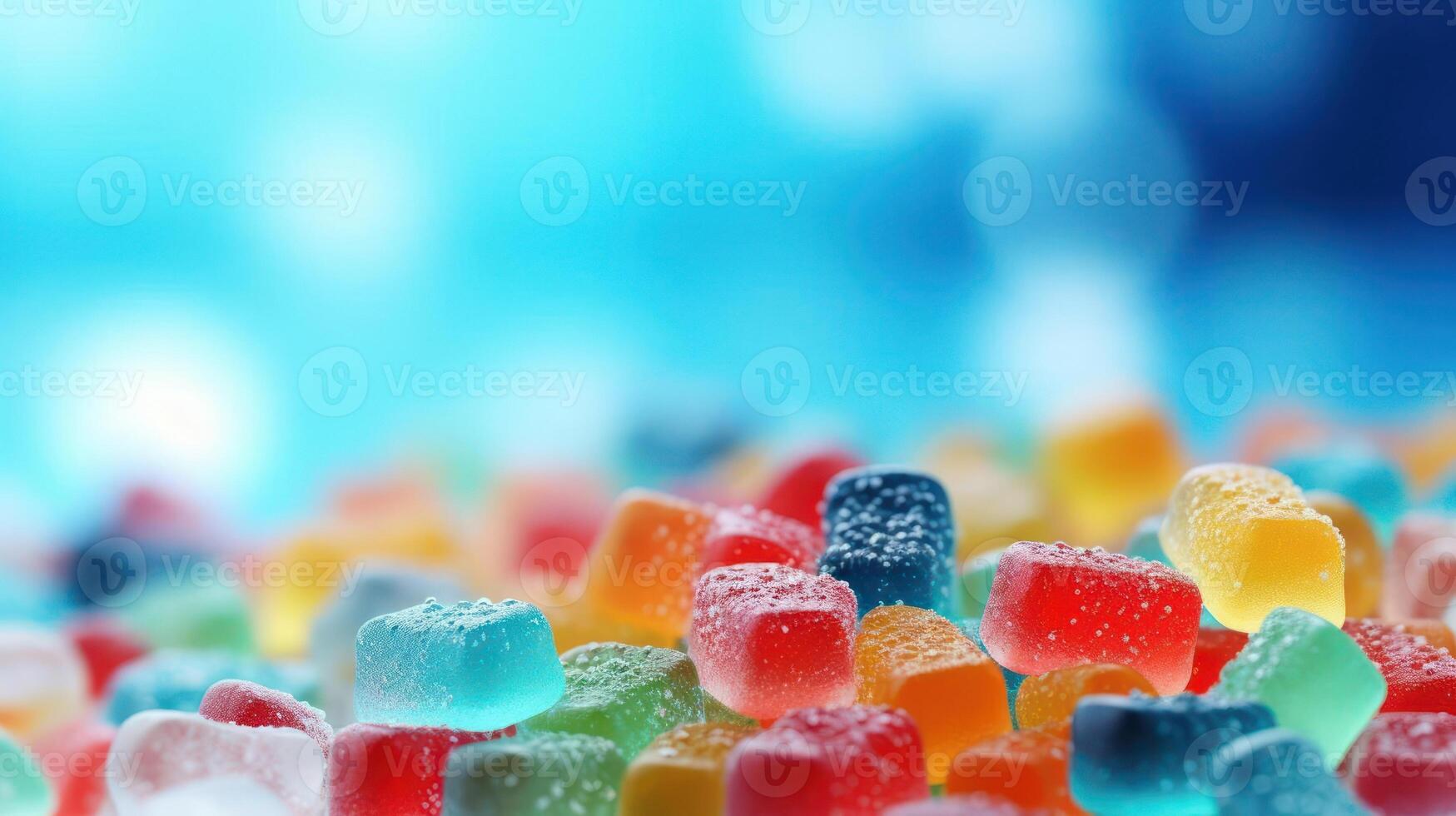 Colorful gummy candies pile up against a blue background. photo