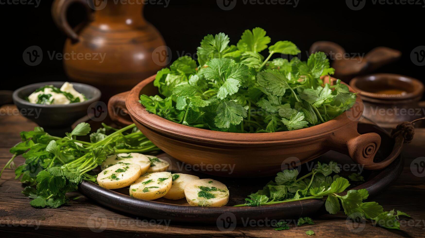 Fresh parsley and garlic on a rustic wooden table. photo