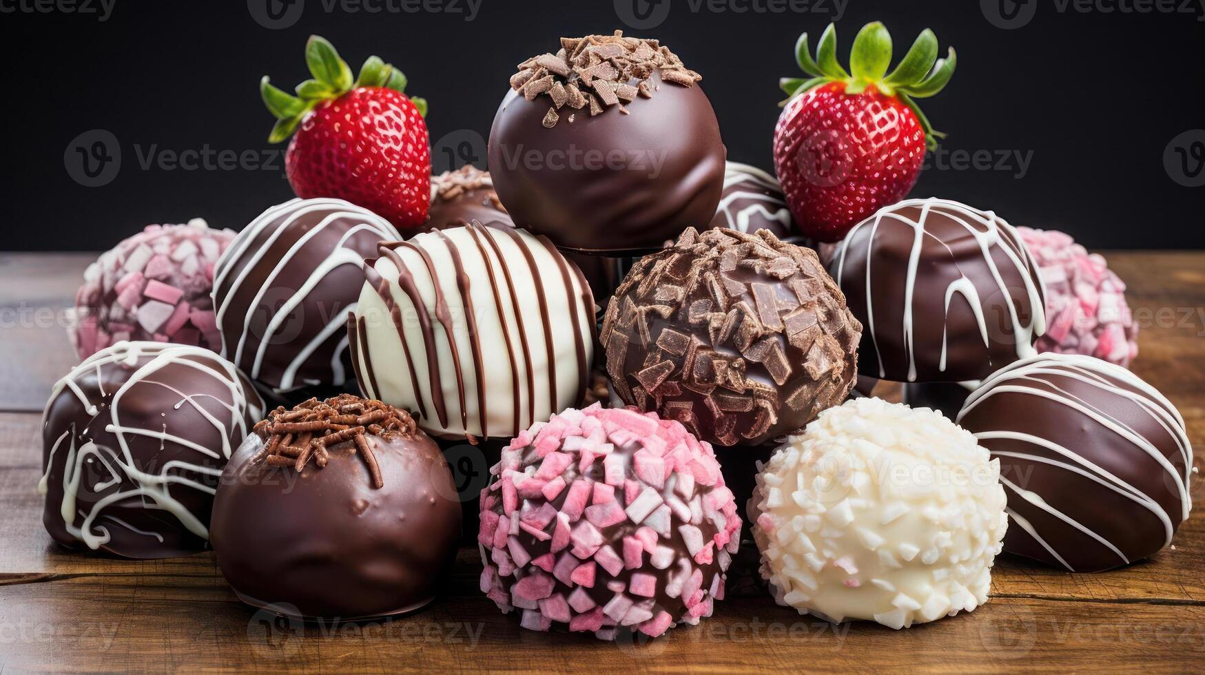 Chocolate truffles and strawberries on a wooden surface. photo