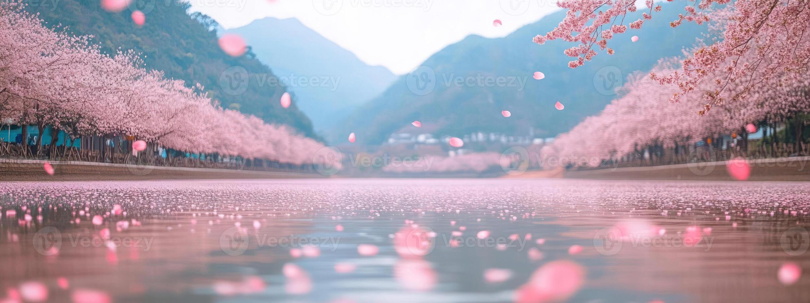 Serene lake reflecting vibrant cherry blossoms and lush mountains. photo