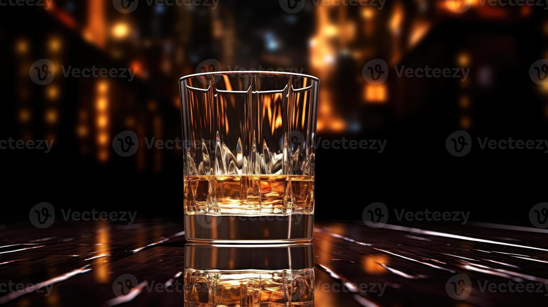 Whiskey glass with reflection on dark surface. photo