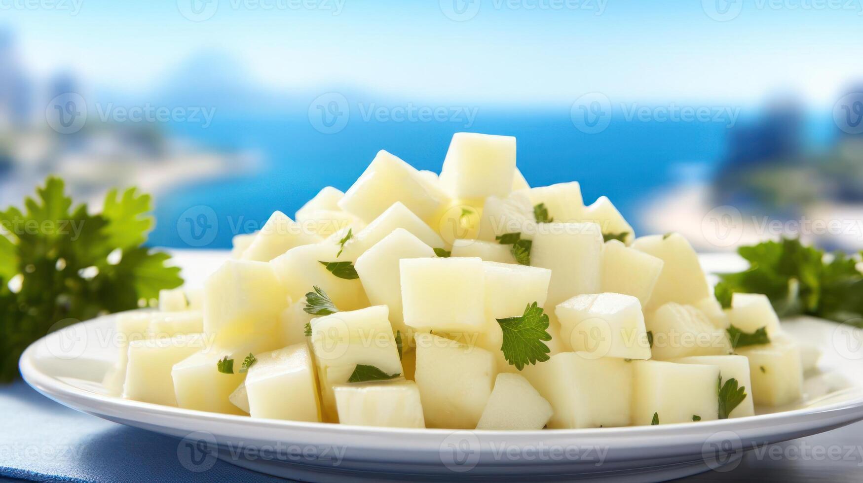 Plate of cubed potatoes with parsley, coastal view. photo