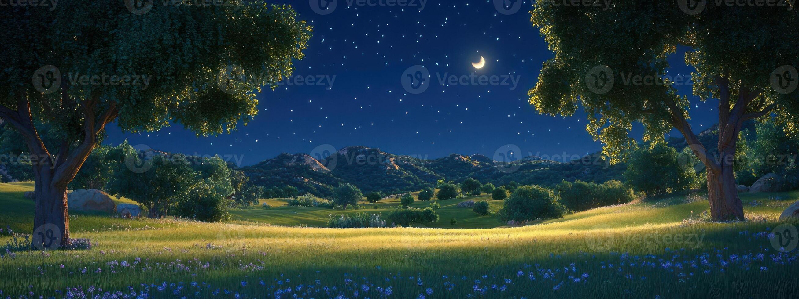 Serene moonlit meadow with lush greenery and distant mountains. photo