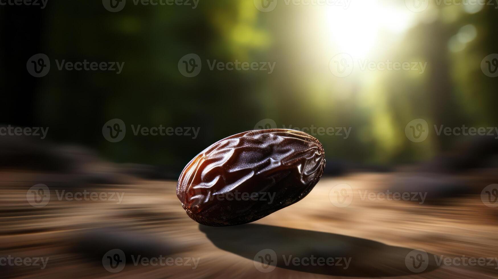 Close-up of a date fruit with sunlight and blurred background. photo