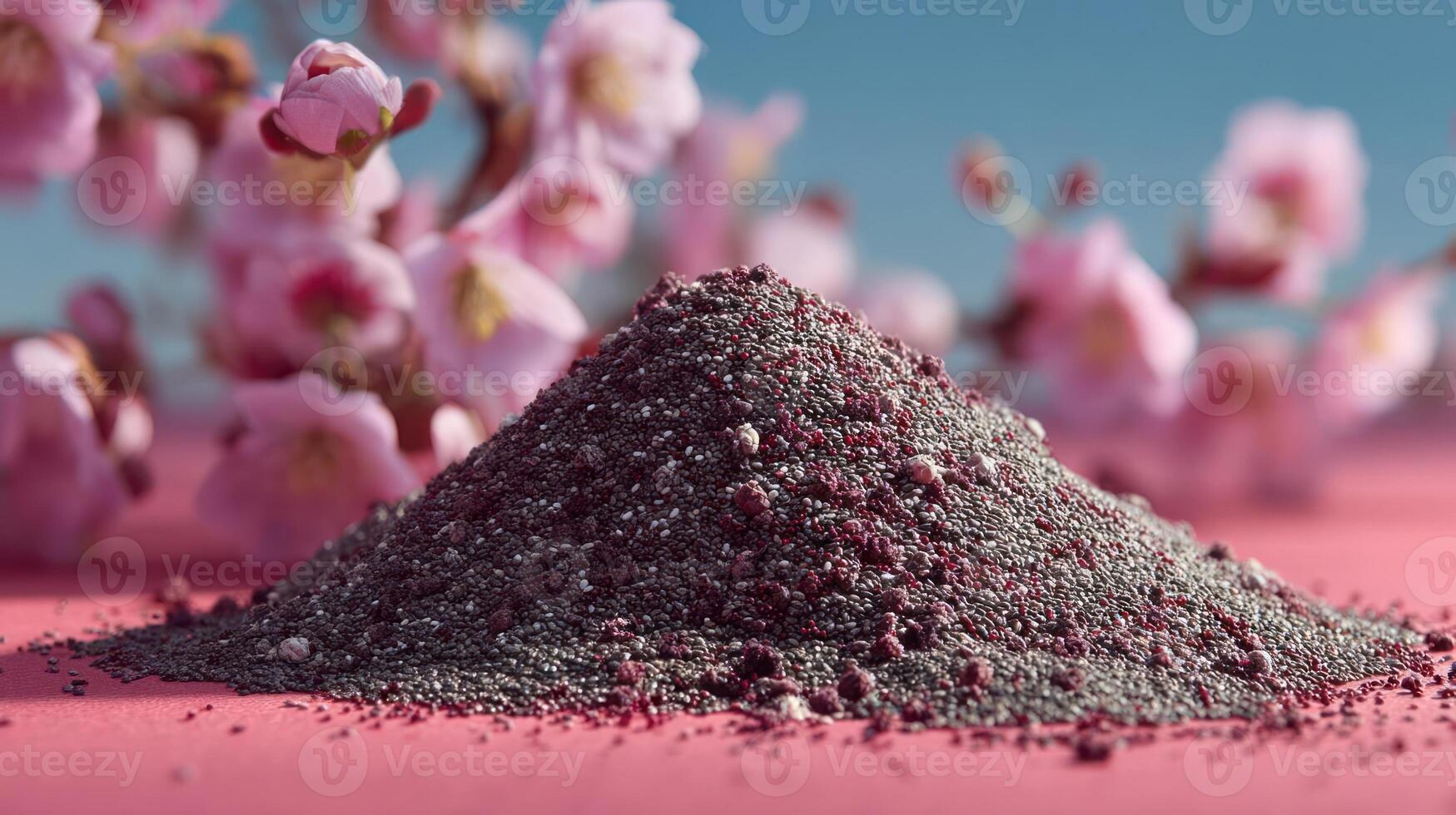 Poppy seeds and cherry blossoms on pink background. photo