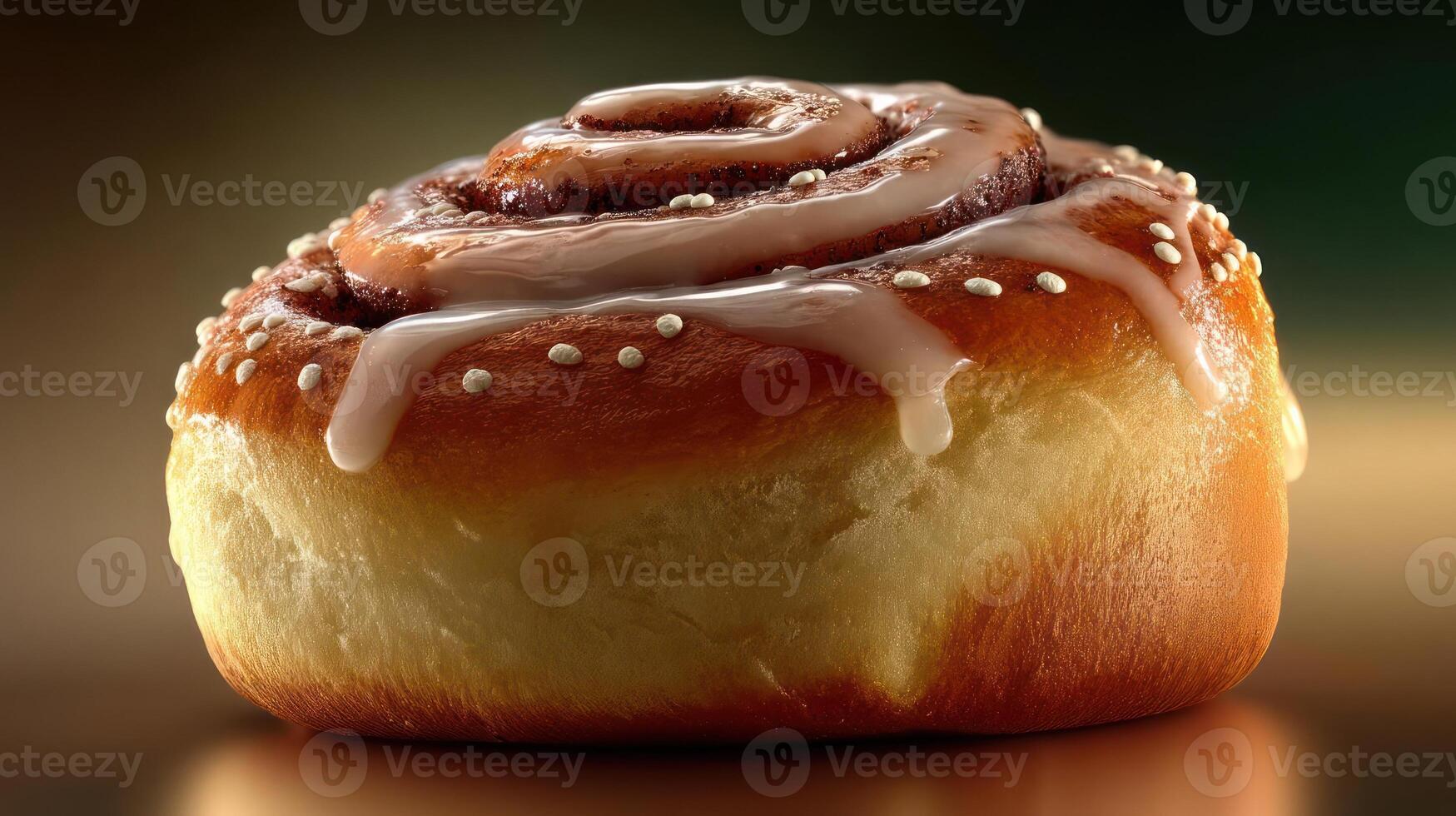 Delicious, glazed cinnamon roll with icing and sprinkles. photo