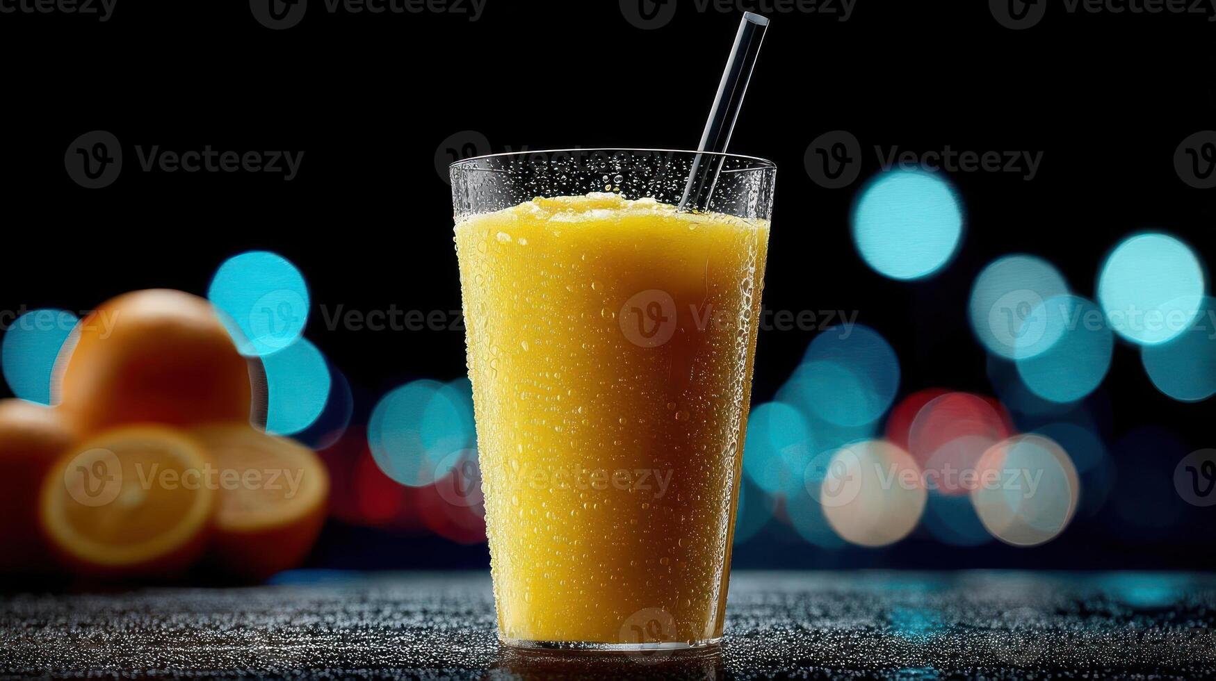 Refreshing orange juice in a glass with fruit bokeh. photo