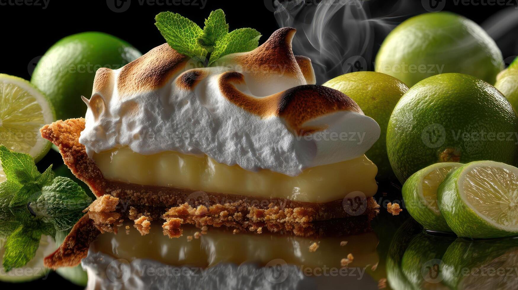 Key lime pie slice with meringue and fresh limes. photo