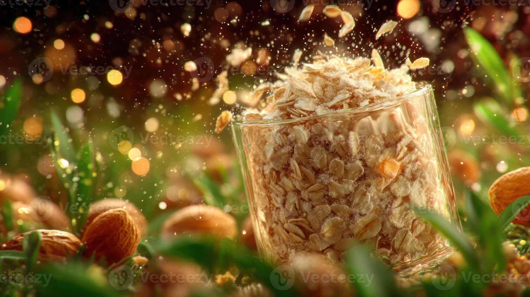 Oats in a jar, surrounded by almonds and greenery. photo