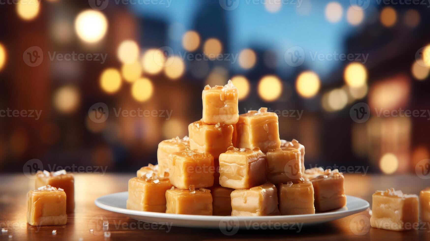 Stacked caramel squares on a plate, bokeh background. photo