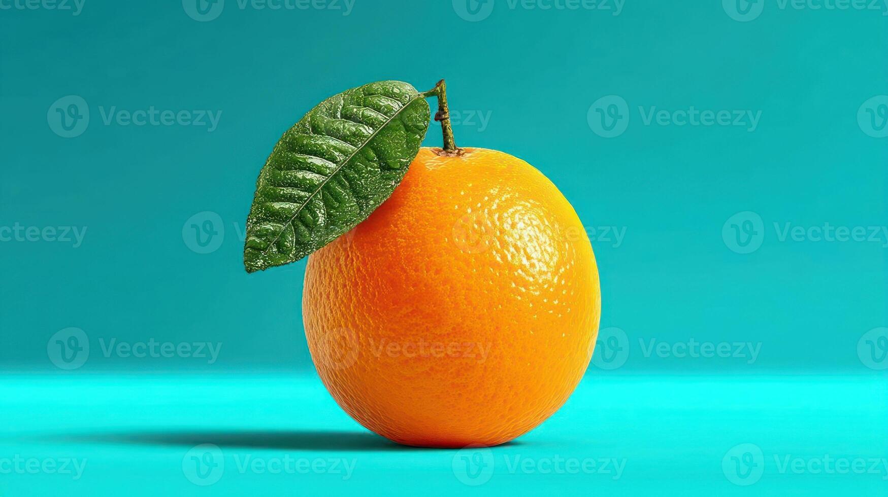 Vibrant orange fruit with a leaf against a colorful background. photo