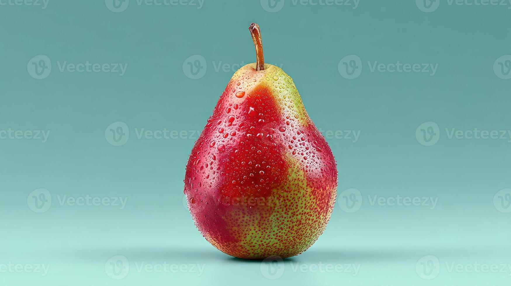 A vibrant red pear with water droplets against a green background. photo