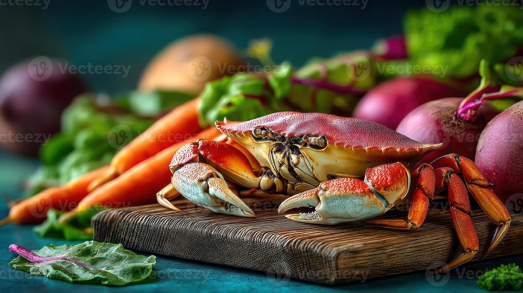 Crab on a wooden board with vibrant vegetables. photo