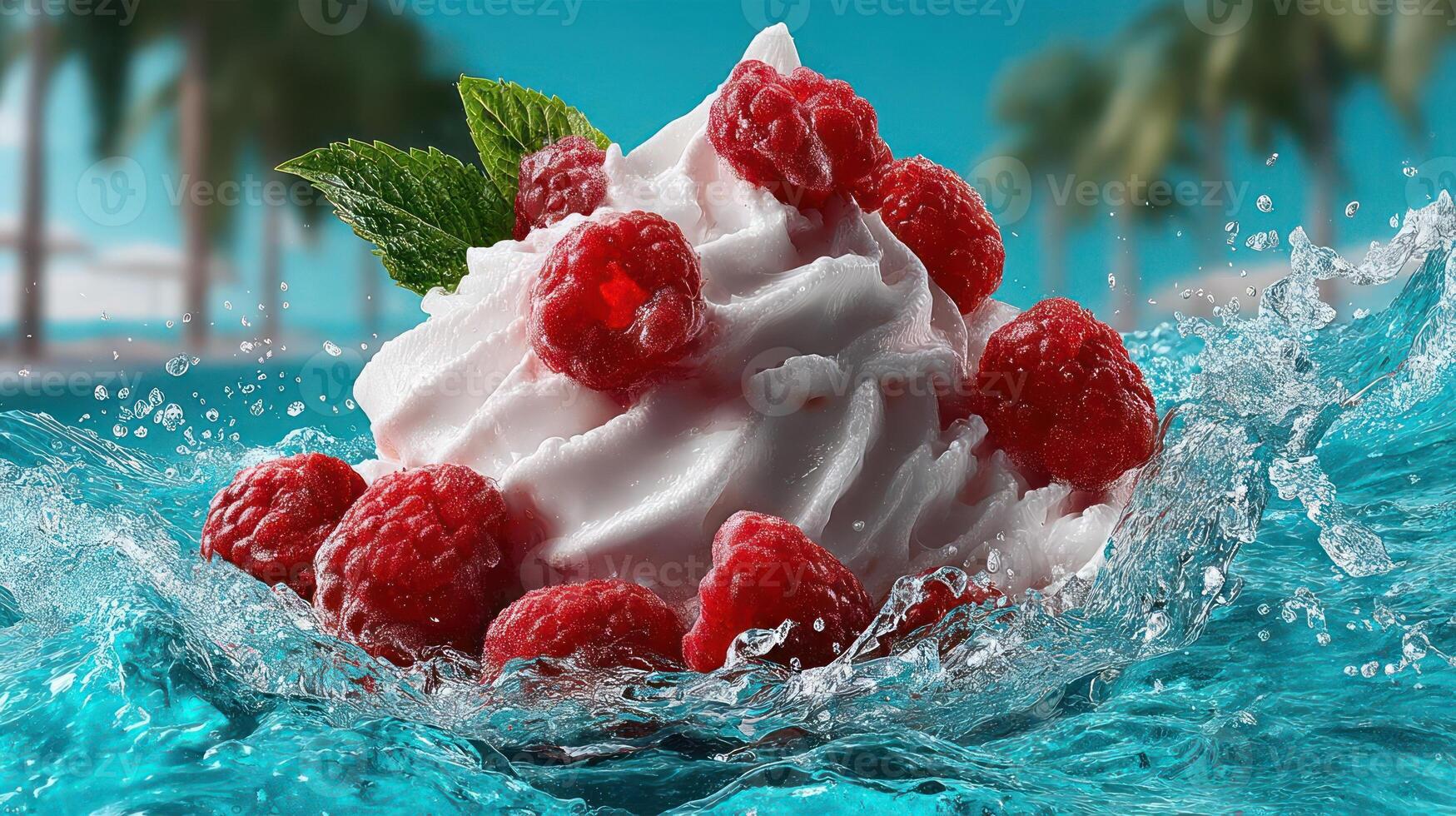 Raspberry dessert with a splash of refreshing water. photo