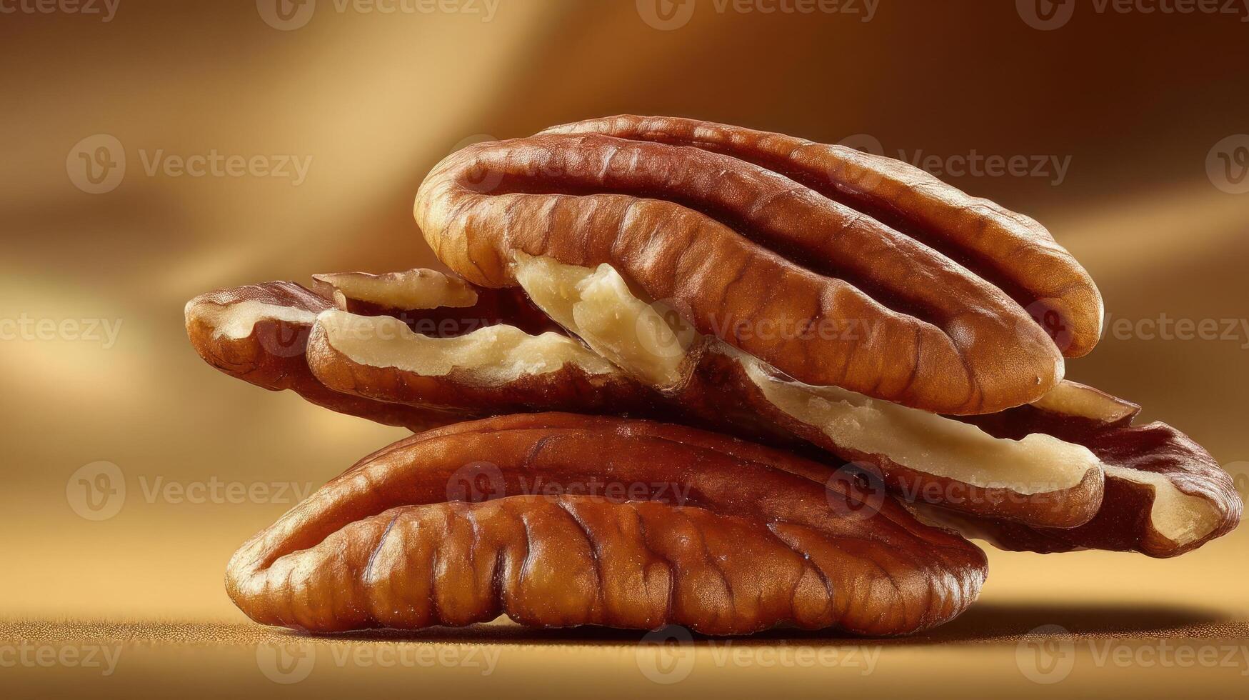 Stack of delicious pecans, close-up, golden background. photo