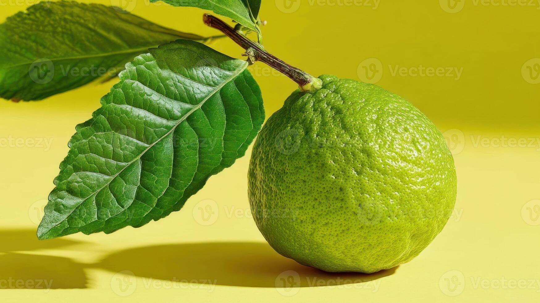 Gooseberry with leaves, close-up, yellow background photo