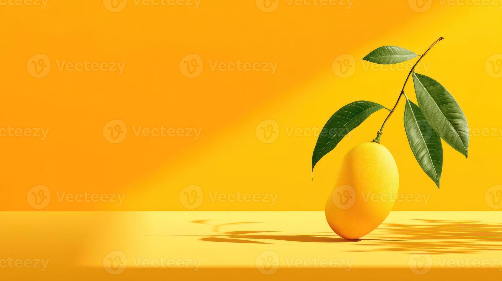 Vibrant mango with leaves against a bright yellow background. photo