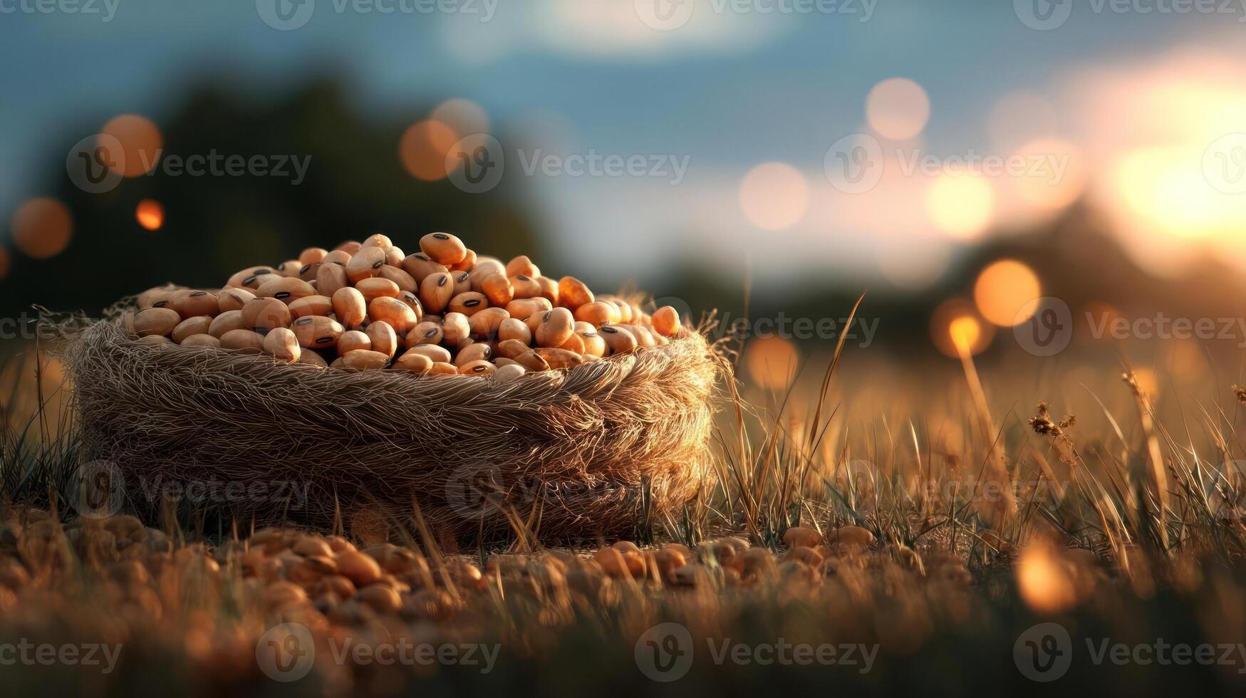 Soybeans in a nest, golden field background. photo