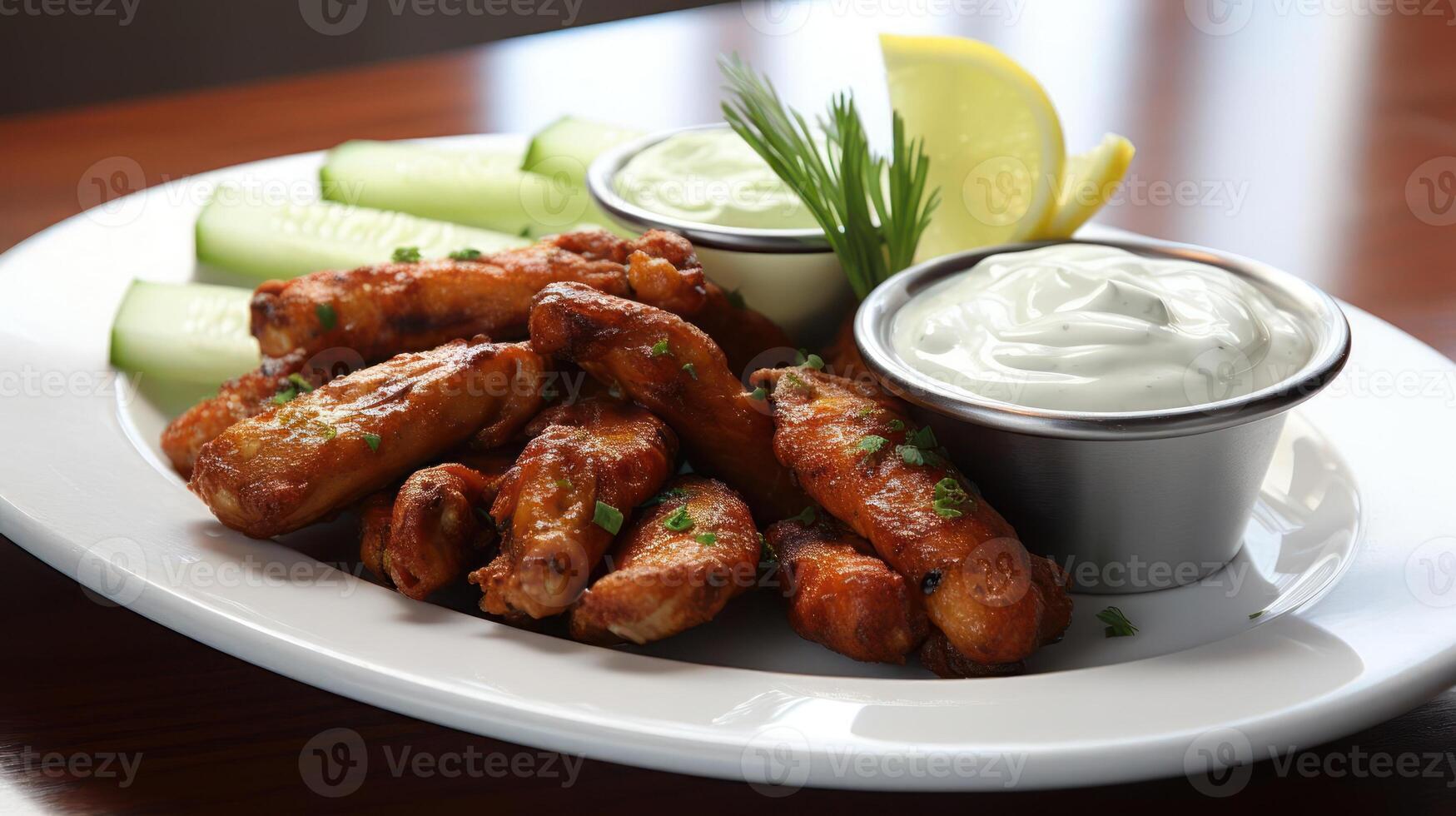 Spicy chicken wings with dipping sauce and cucumber garnish. photo