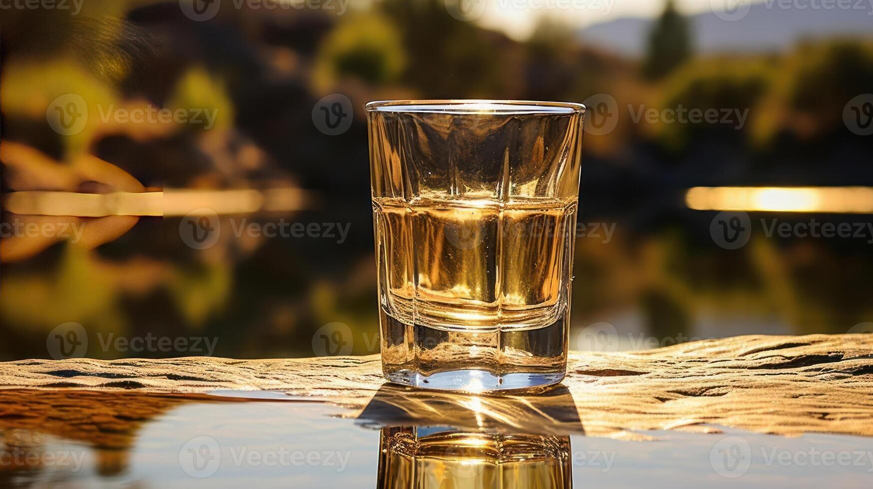 Glass of water reflecting nature's beauty. photo