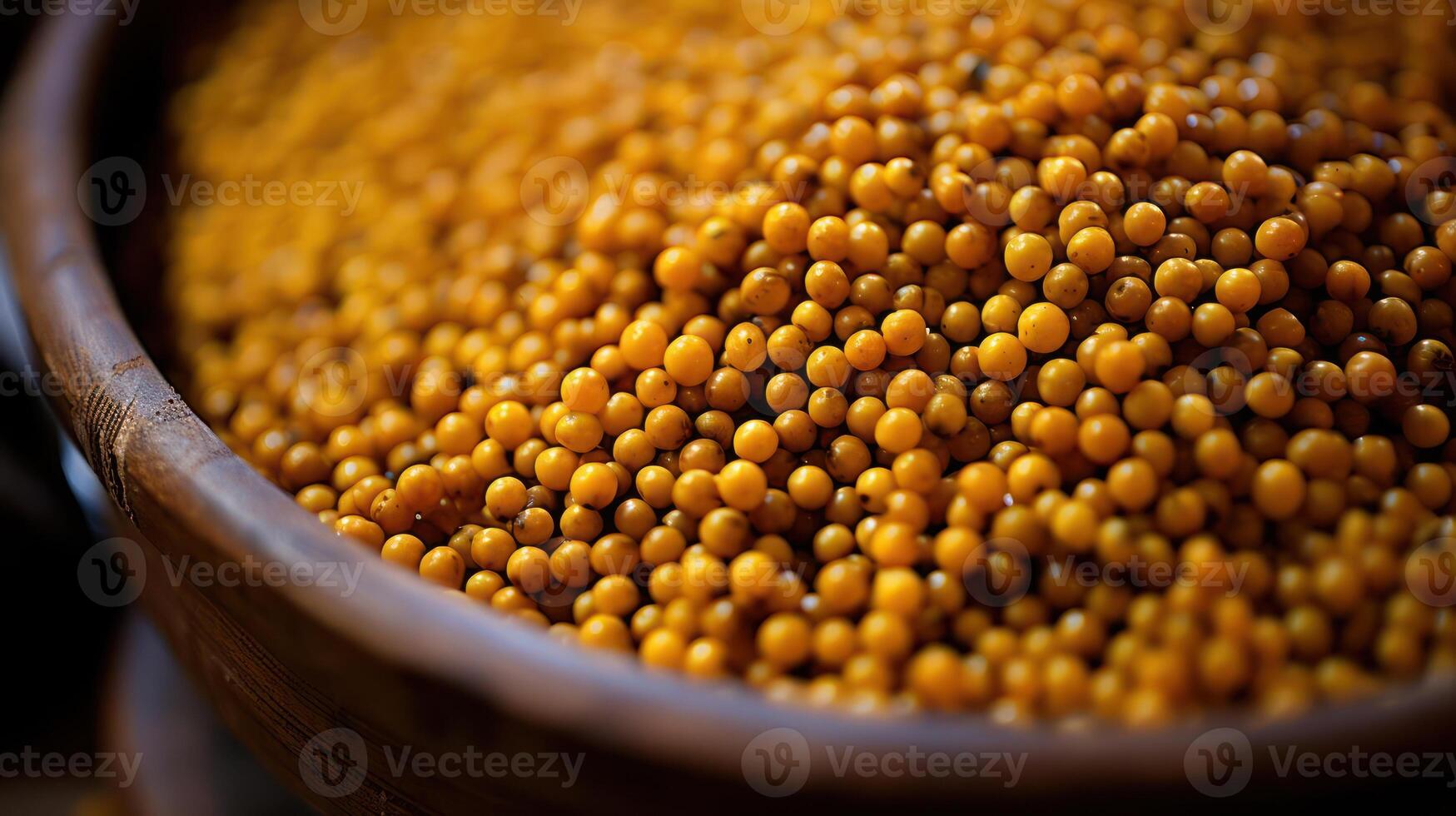 Close-up of yellow mustard seeds in a wooden bowl. photo