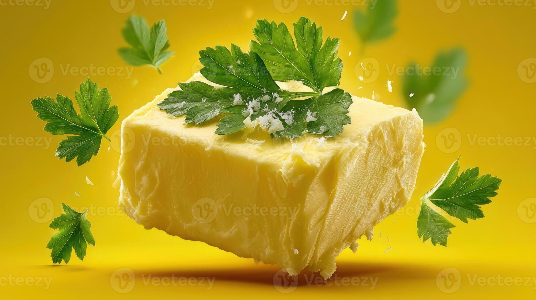 Butter with parsley, close-up, yellow background, delicious food. photo