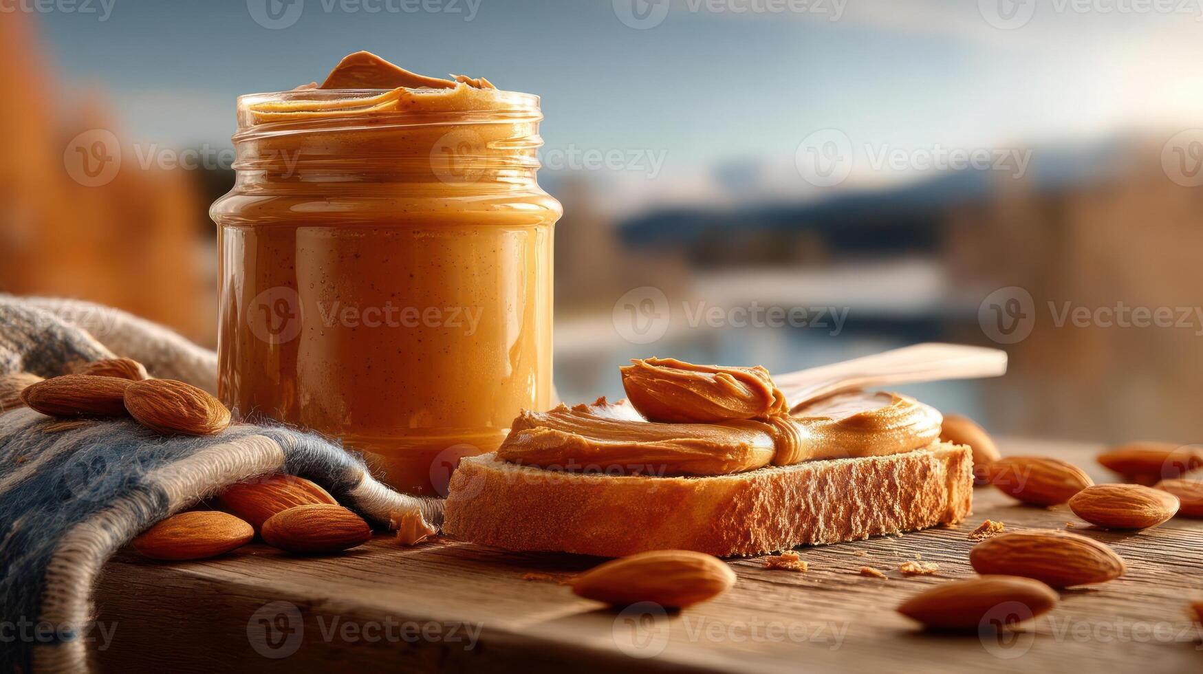 Peanut butter jar and toast with almonds on wooden surface. photo