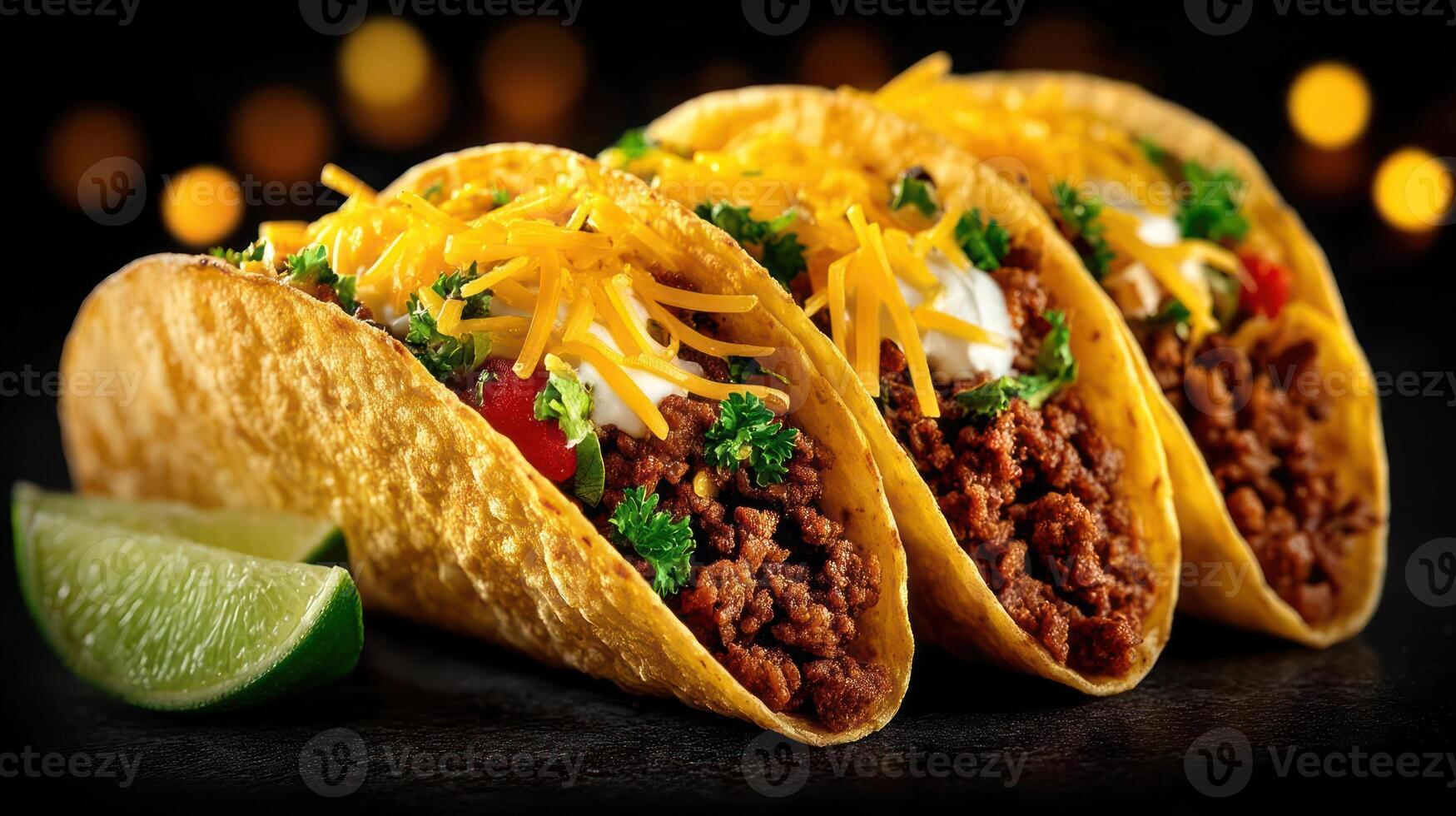 Three tacos with cheese and sour cream photo