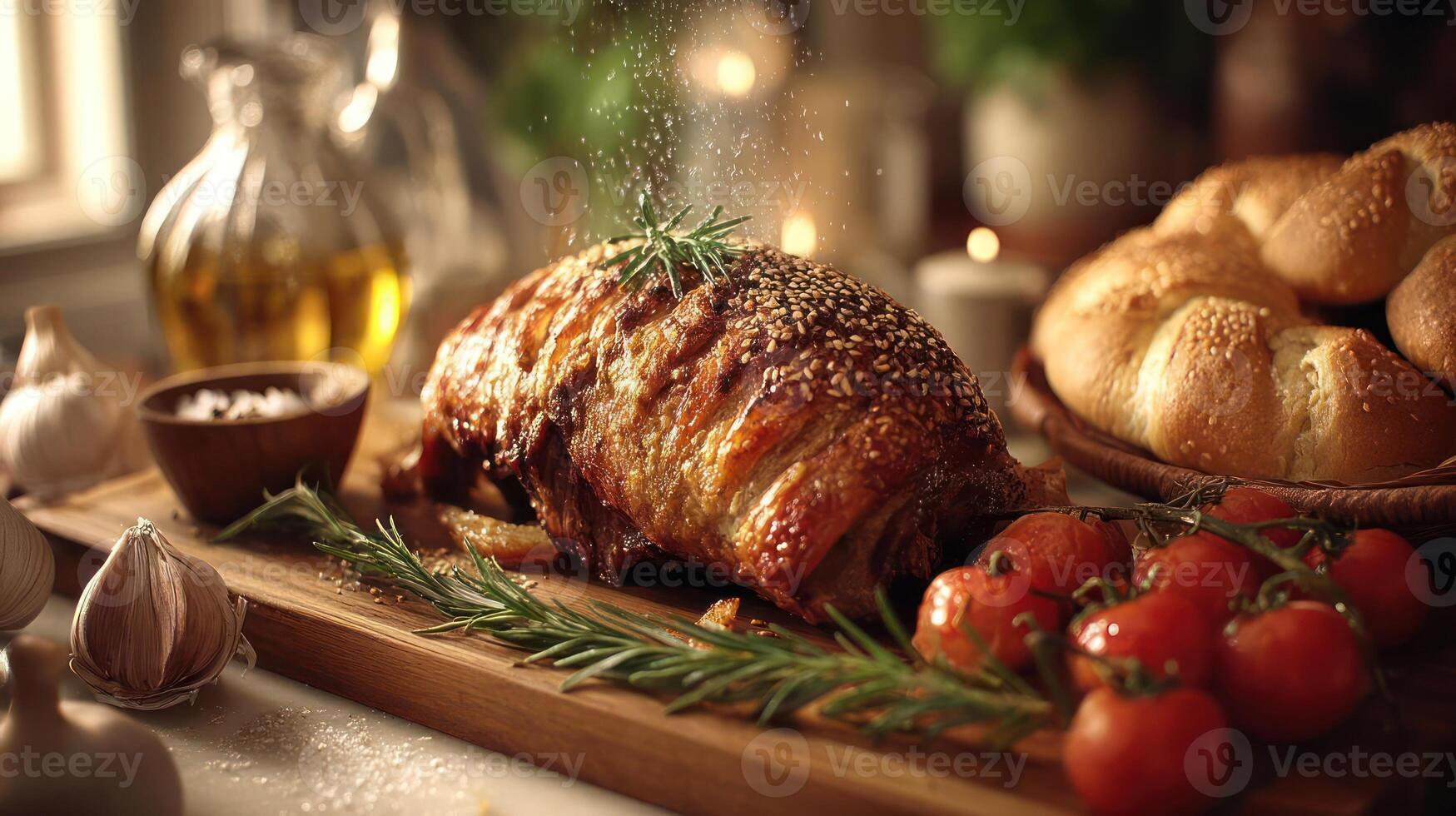 Roasted meat and bread, a delicious and warm culinary scene. photo