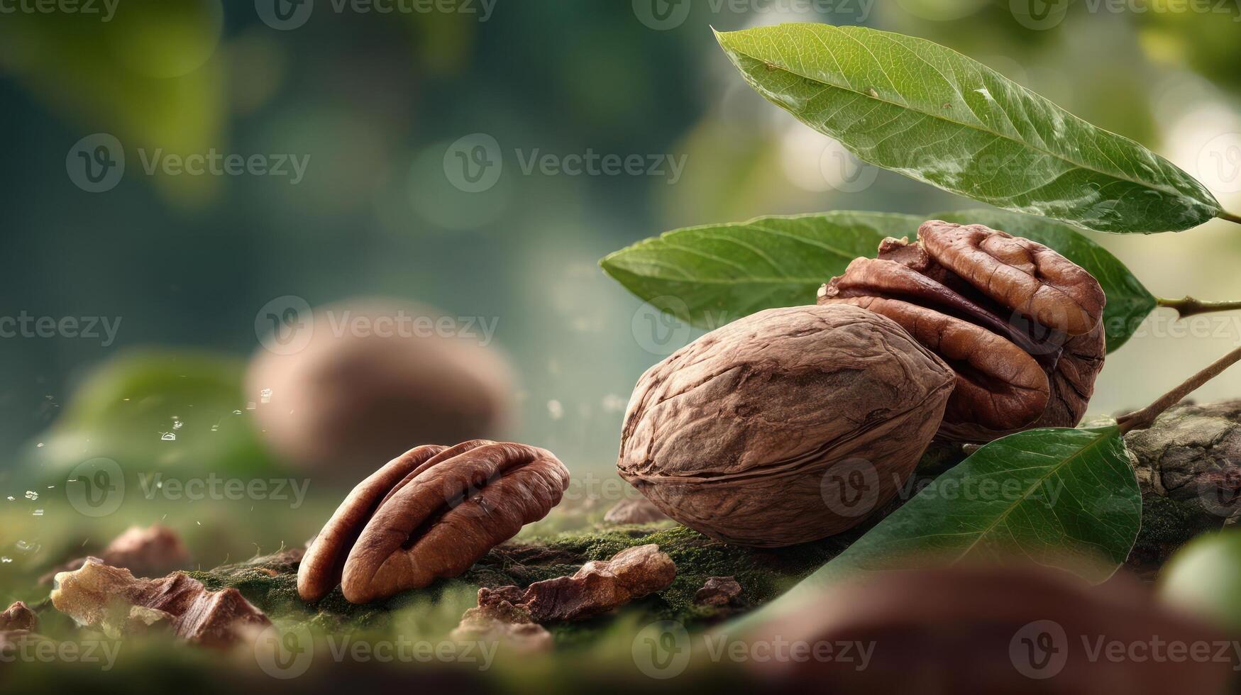 Walnut on a branch with green leaves. photo