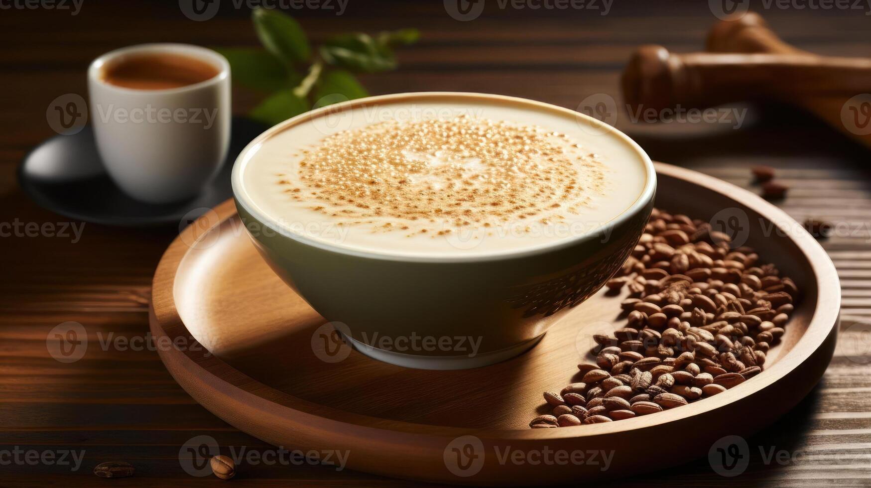 Latte with coffee beans on a wooden tray. photo