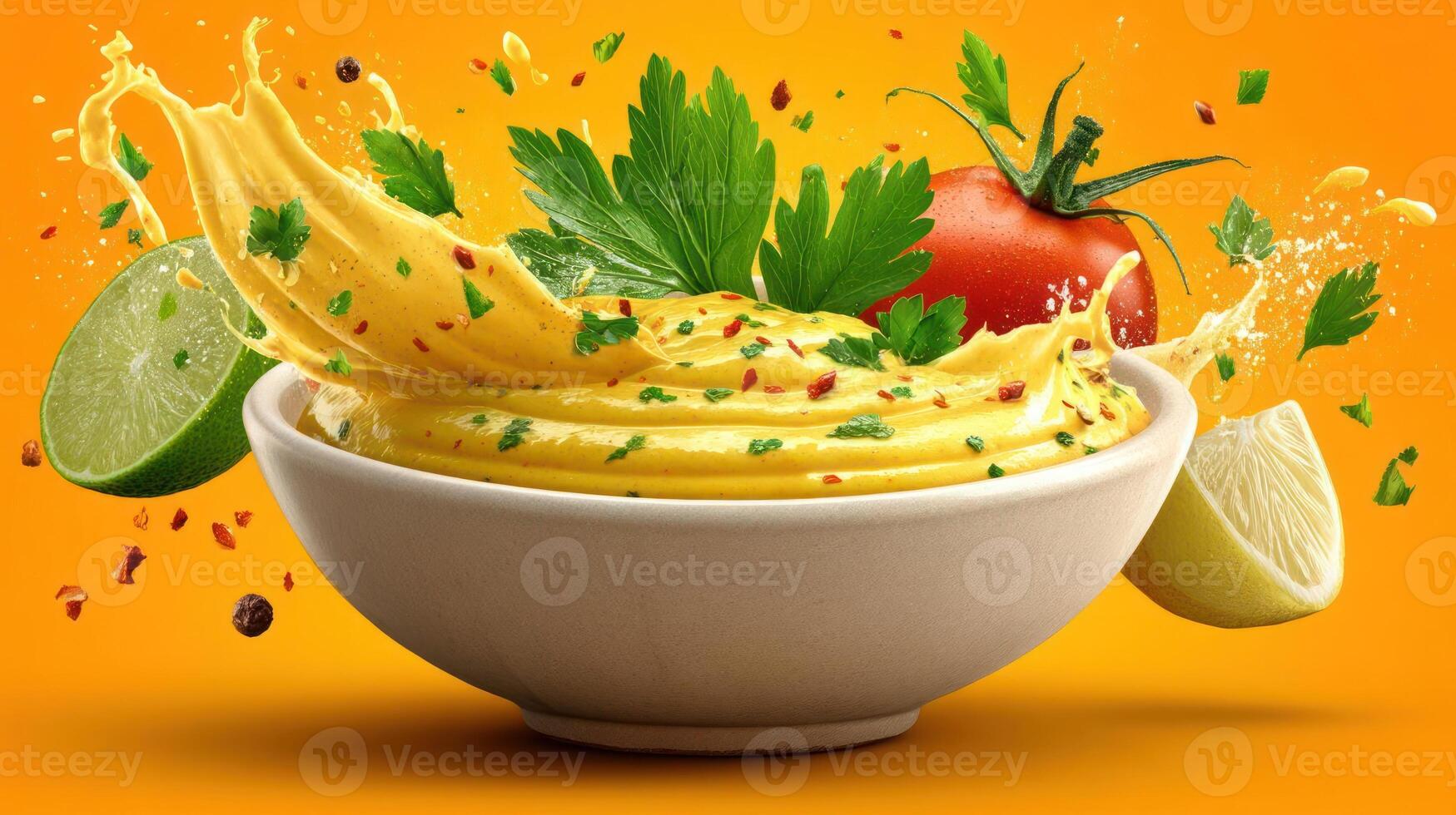 Vibrant spicy dip with lime and herbs, splash effect. photo