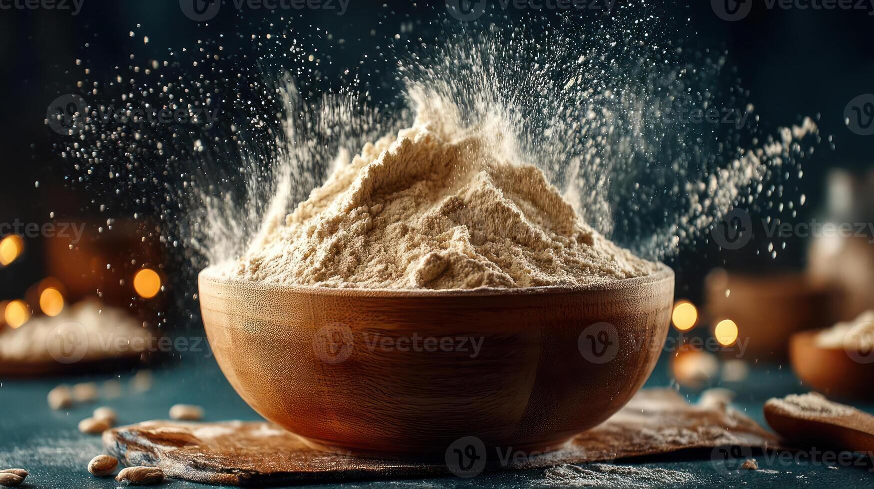 Flour in a wooden bowl, dusting with powder. photo