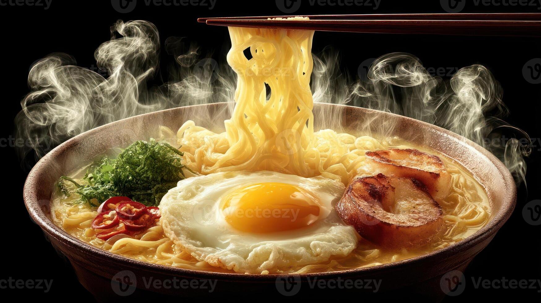 Steaming ramen noodles with egg and pork. photo