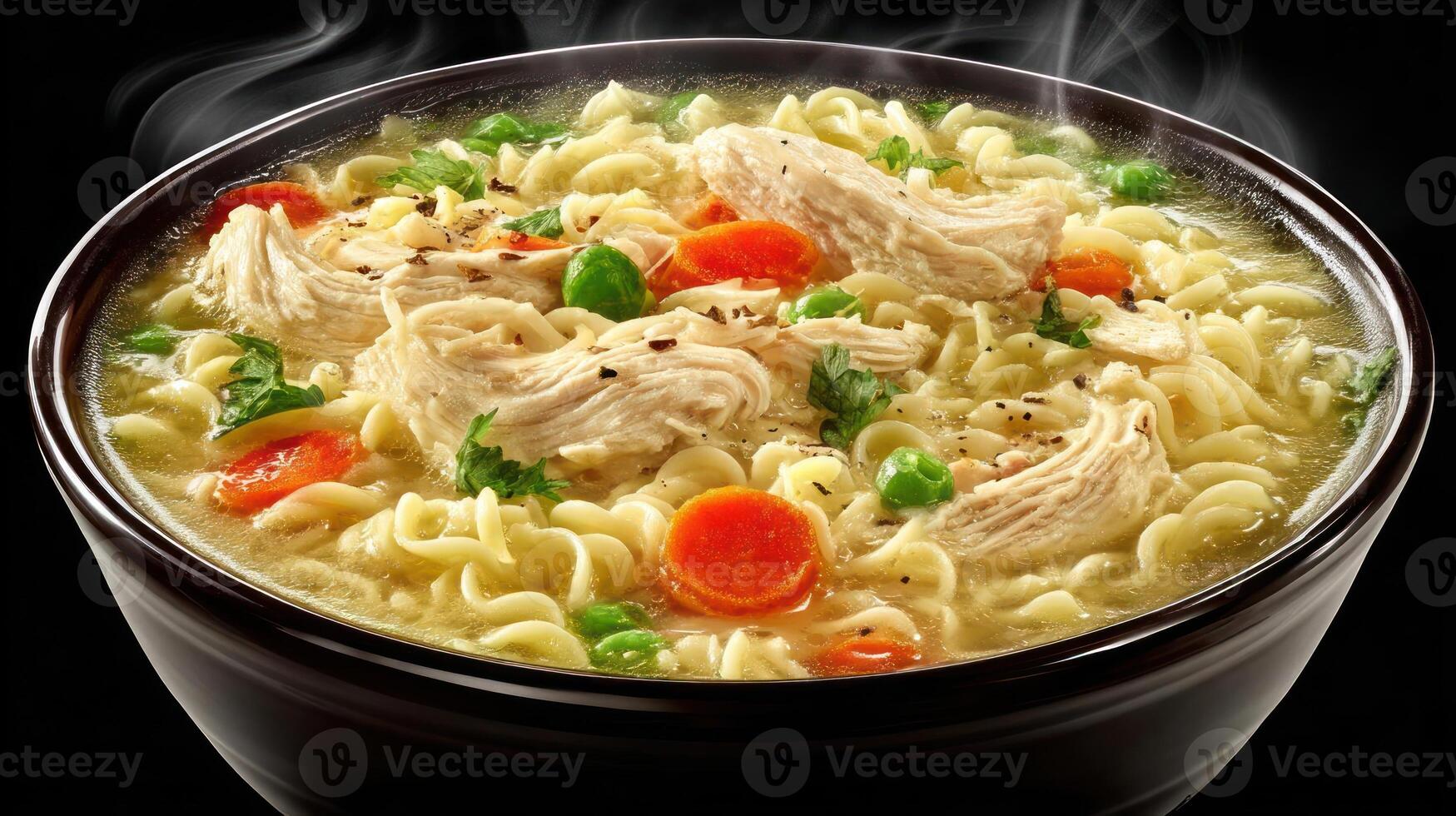 Bowl of warm, comforting chicken noodle soup. photo