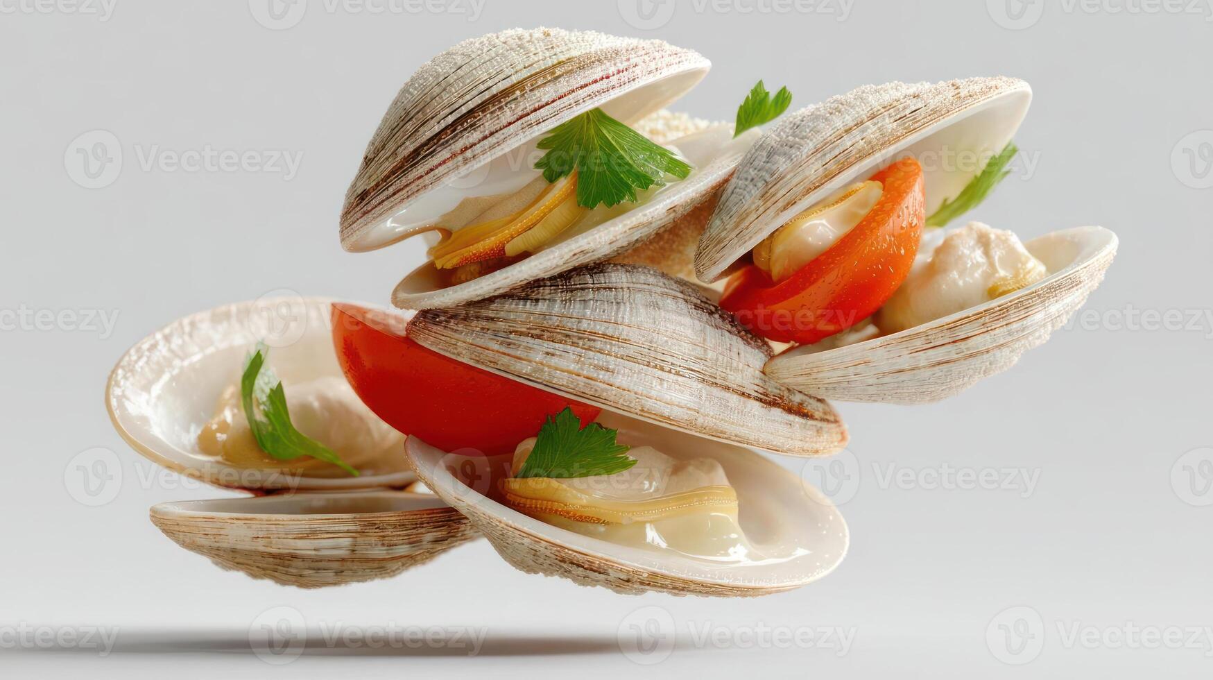 Arranged clams with red pepper and parsley garnish. photo