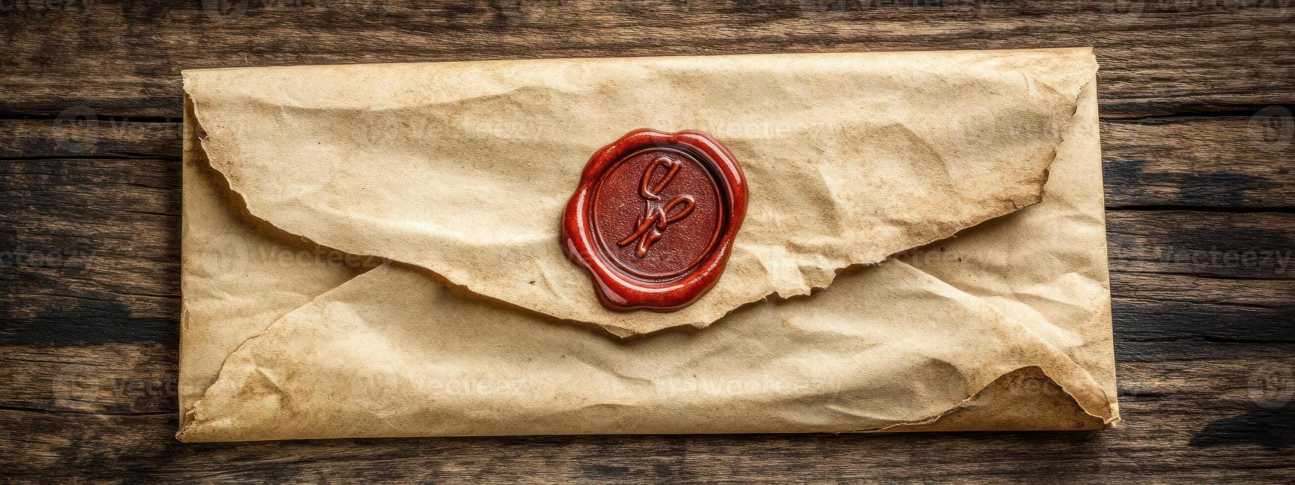 Antique letter with wax seal on wooden surface. photo