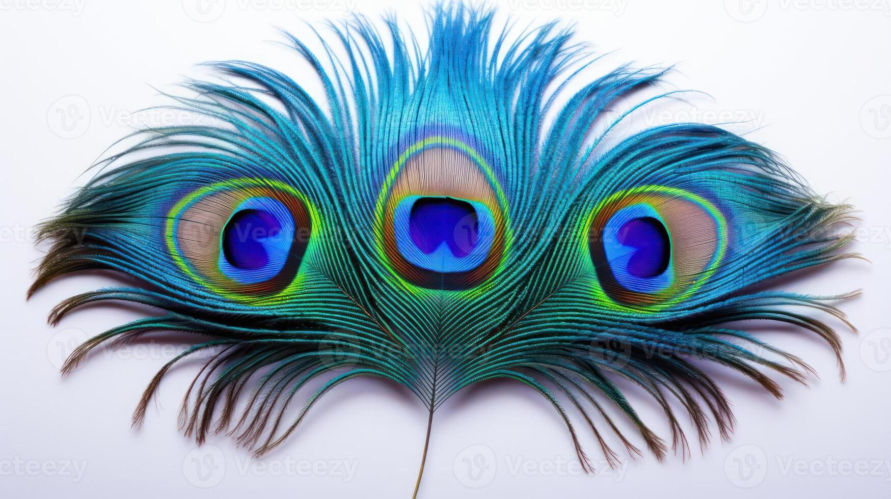 Vibrant peacock feather, detailed plumage, nature's beauty. photo