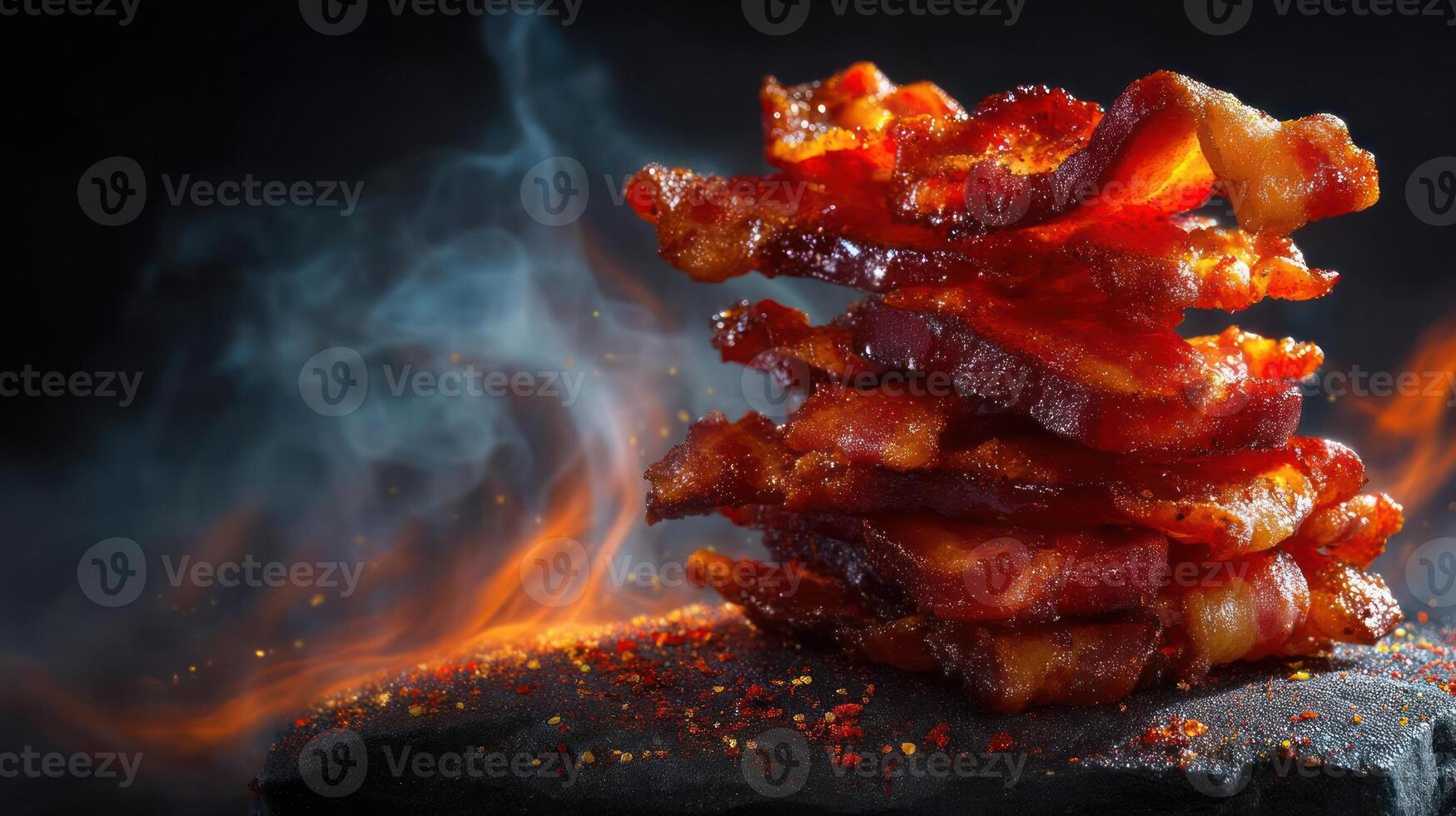 Stacked crispy bacon with spicy seasoning, dramatic lighting. photo