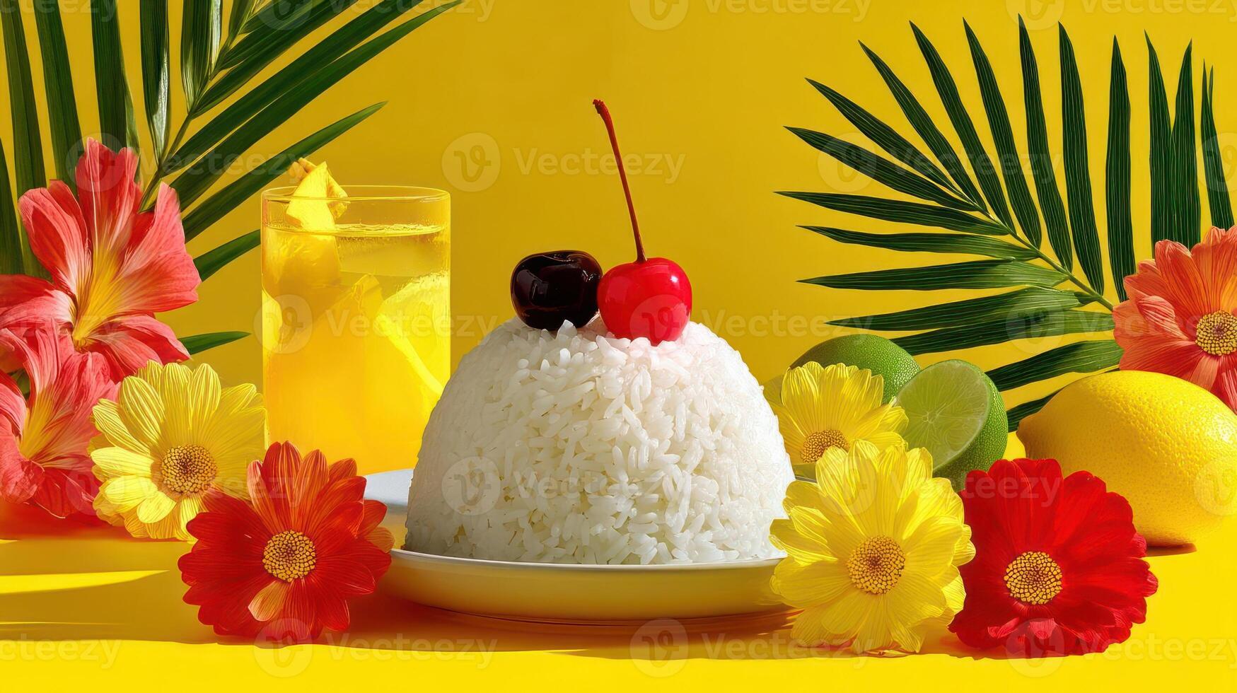 Tropical rice pudding with cherries, flowers, and citrus. photo