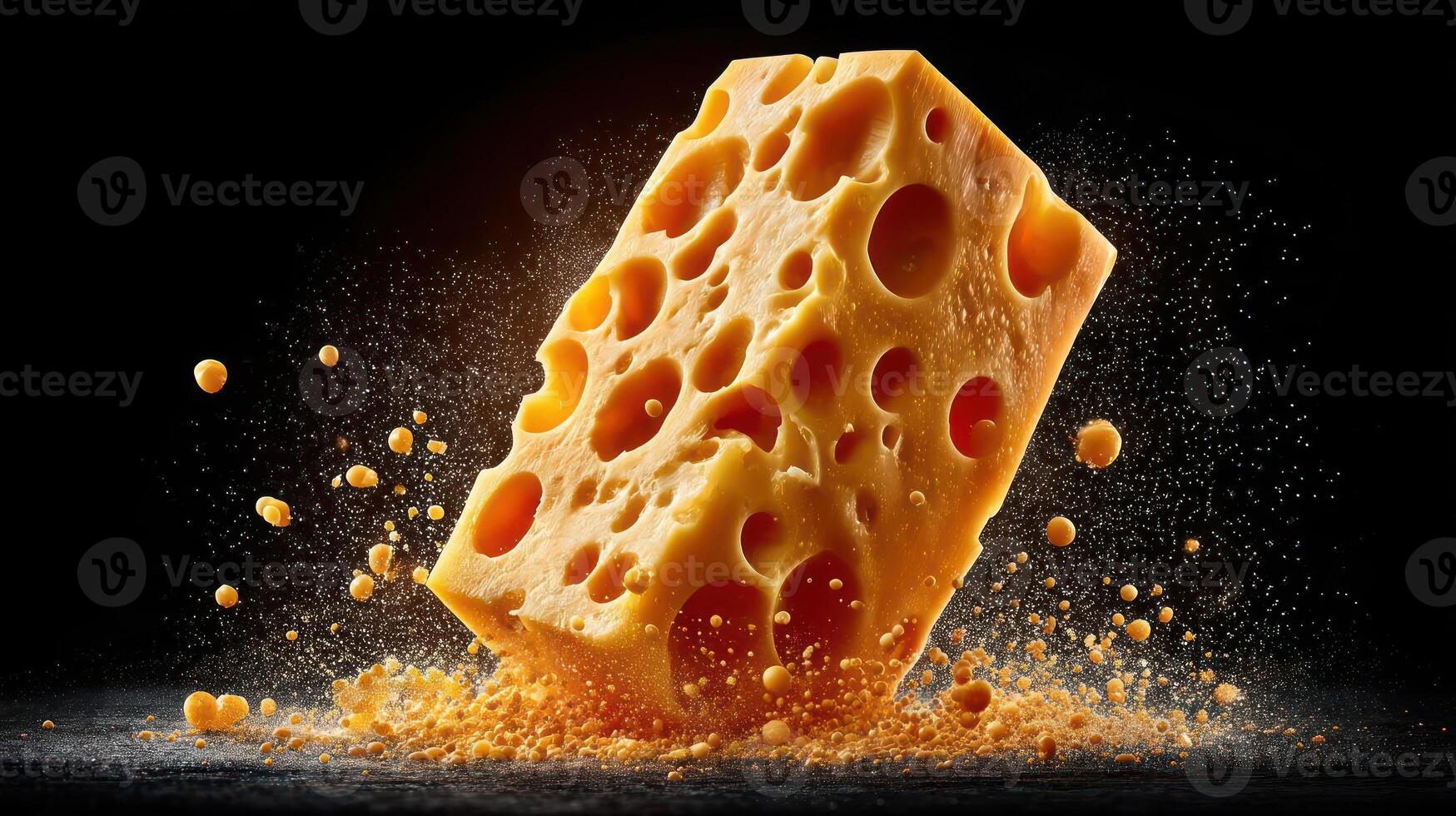 Dramatic cheese explosion with scattered crumbs against a dark background. photo