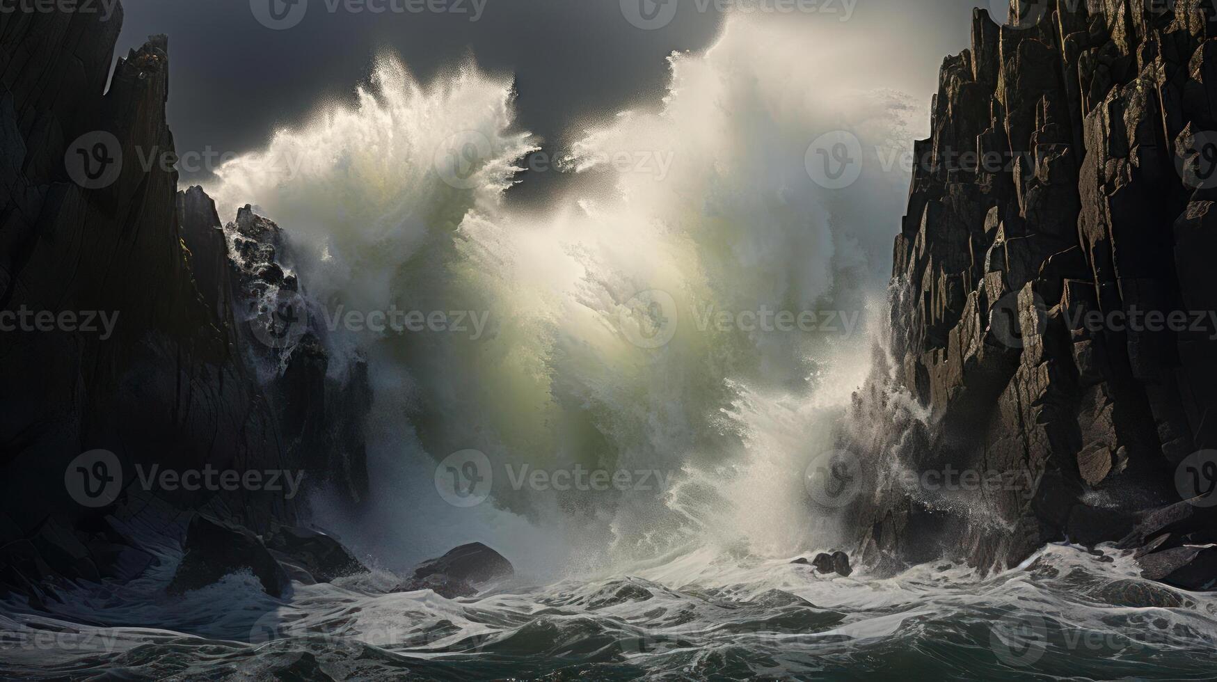 Powerful waves crash against dramatic coastal cliffs. photo