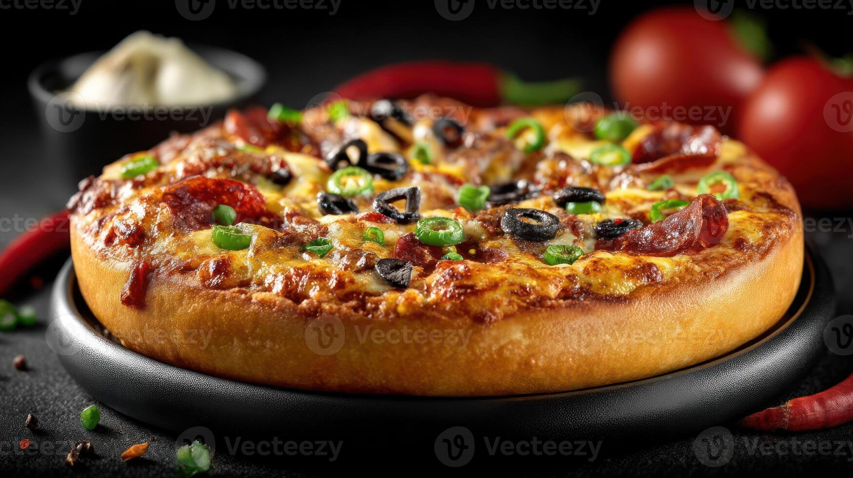 Delicious pepperoni pizza with green onions and olives. photo