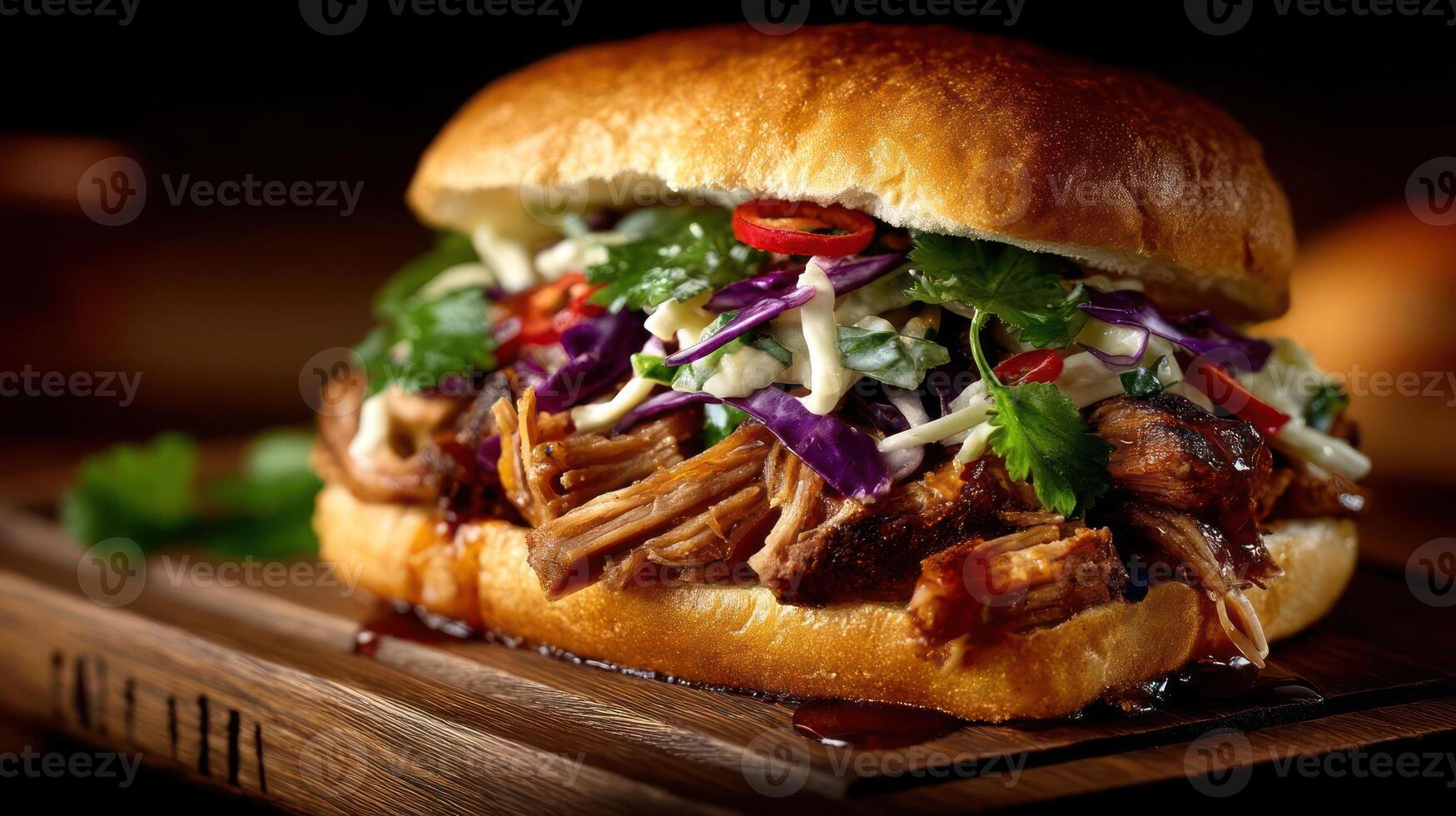 Delicious pulled pork sandwich with slaw and fresh herbs. photo